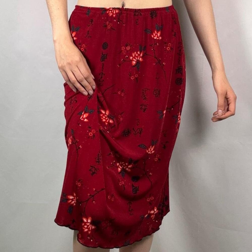 Vintage Y2K Red Floral Sheer Mesh Skirt - Asian Caligraphy Print Midi